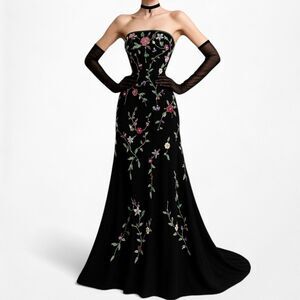 Vintage Black Strapless Floral Beaded Silk Maxi Formal Prom Dress Size M/L